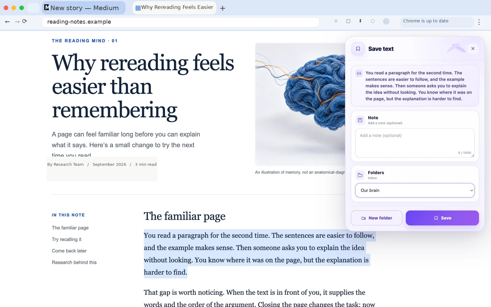 Bir web sayfasında seçili metin ve açık Research Web Highlighter kayıt paneli