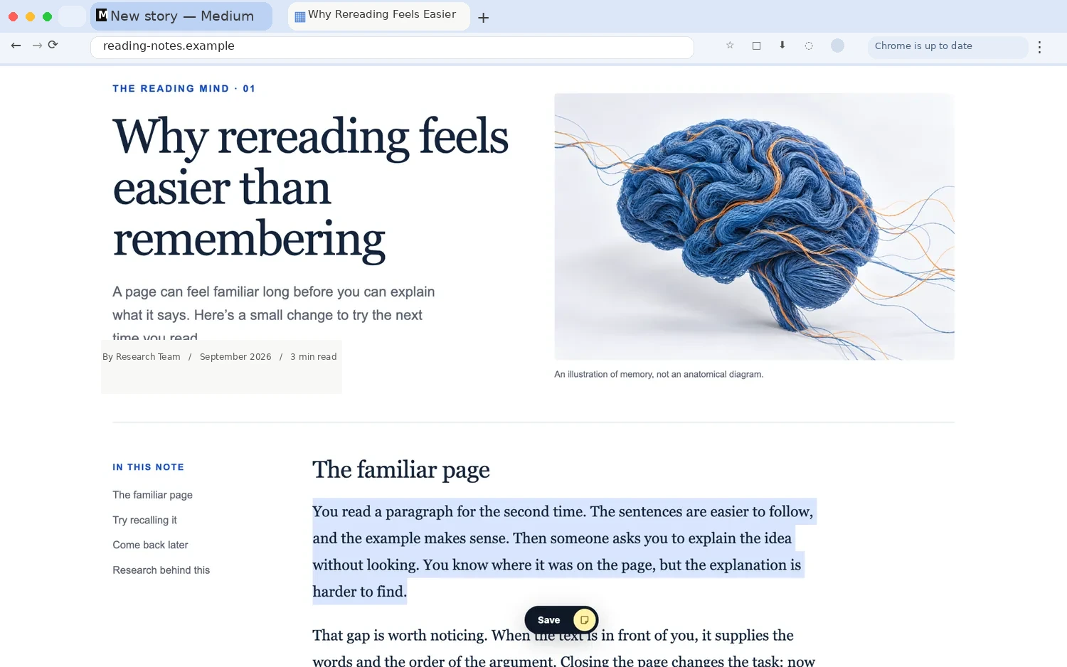 Ausgewählter Text auf einer Webseite mit dem Speichern-Button von Research Web Highlighter