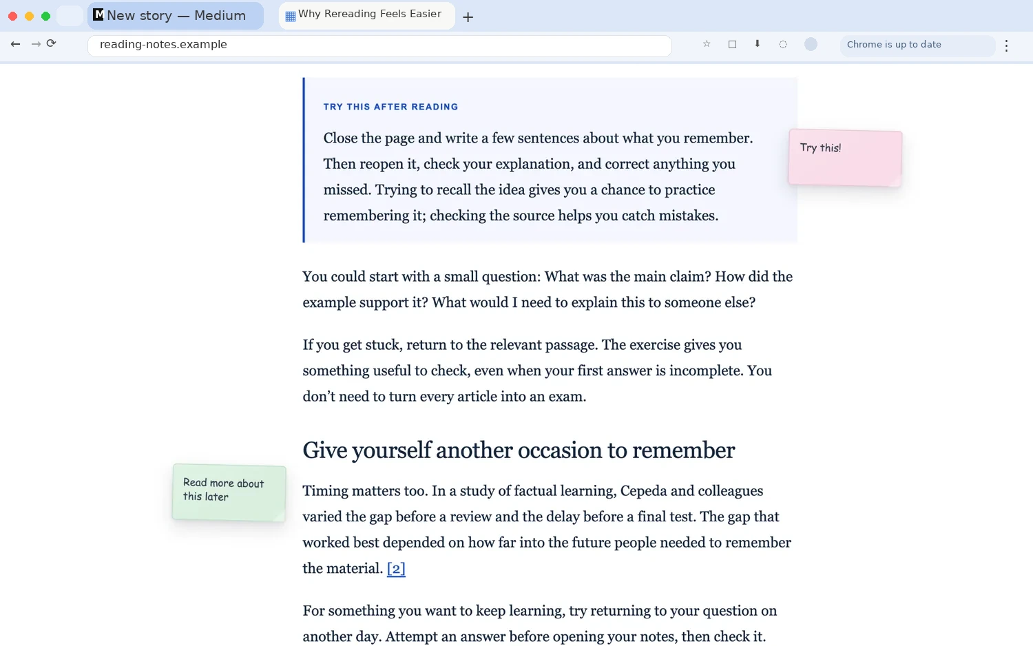 Sticky notes attached to a research webpage
