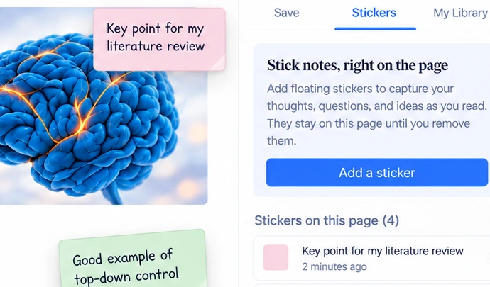 Sticky notes beside article text and the notes panel