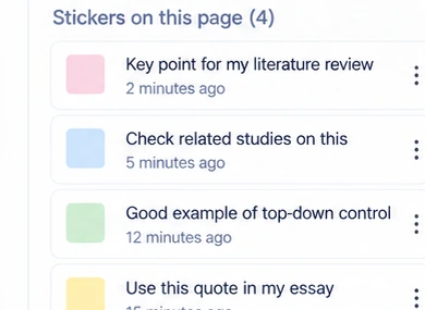 List of sticky notes associated with a webpage