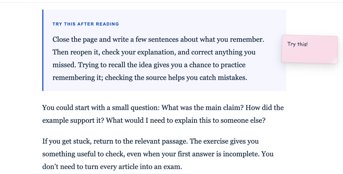 A pink sticky note beside an article passage