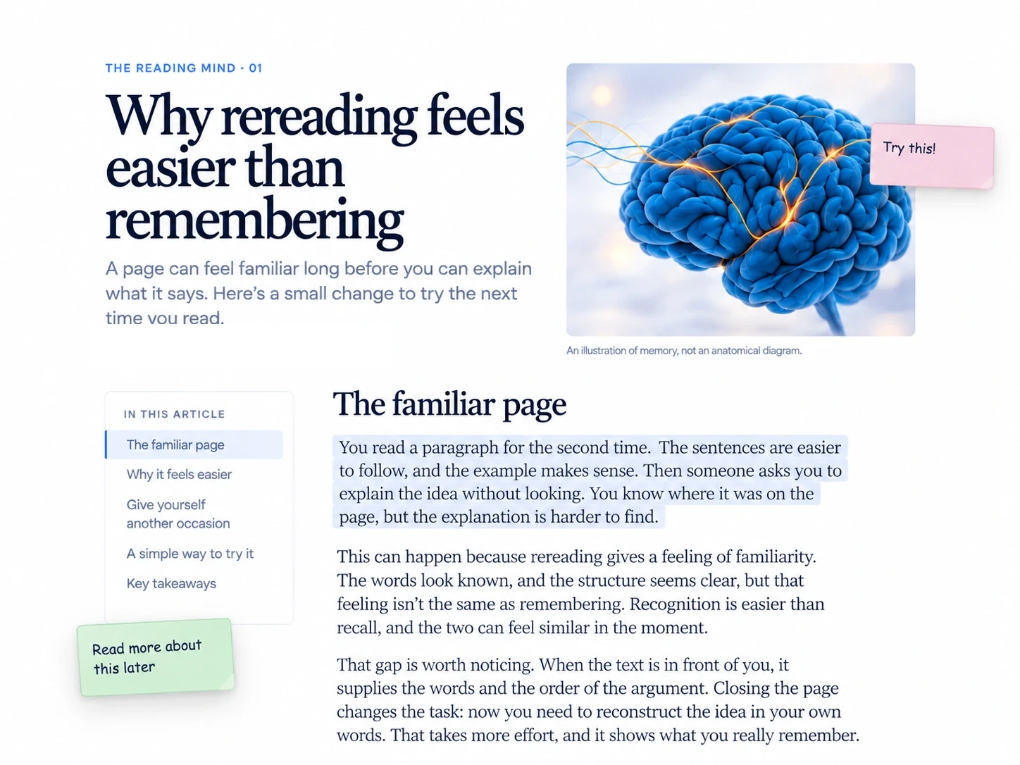 Article layout with a brain illustration and two sticky notes